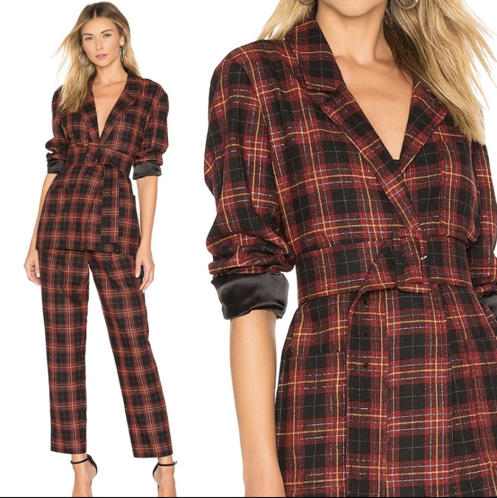 L'academie Revolve The Susan Red Plaid Metallic Tartan Pant Suit Set Us Small